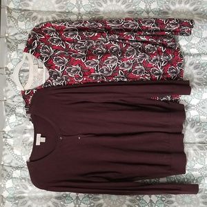 Loft cardigans, one burgundy with same color raised poka dots. Floral pattern